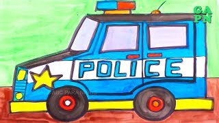 Dibujo y colorear coche de policía | Aprende los colores con pinturas de acuarela para niños