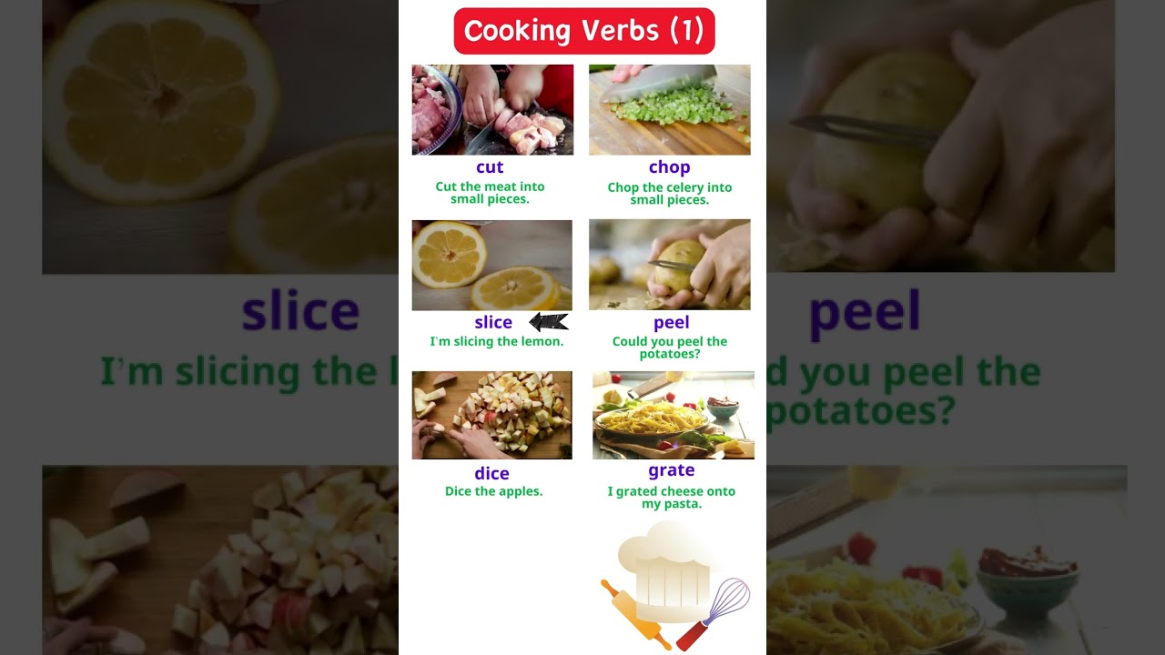 Cooking Verbs (1): cut, chop, slice, peel, dice, grate 