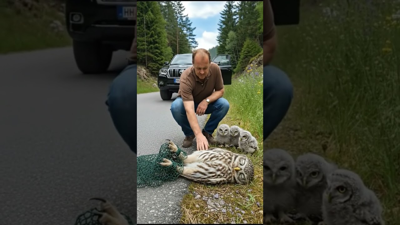 Act of Kindness — Man Rescues an Owl Mother and Her Chicks from a Net