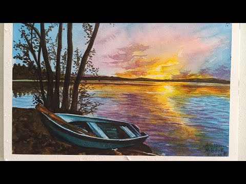 ArtsIndia Serene Sunset at the Beach A Captivating Watercolor