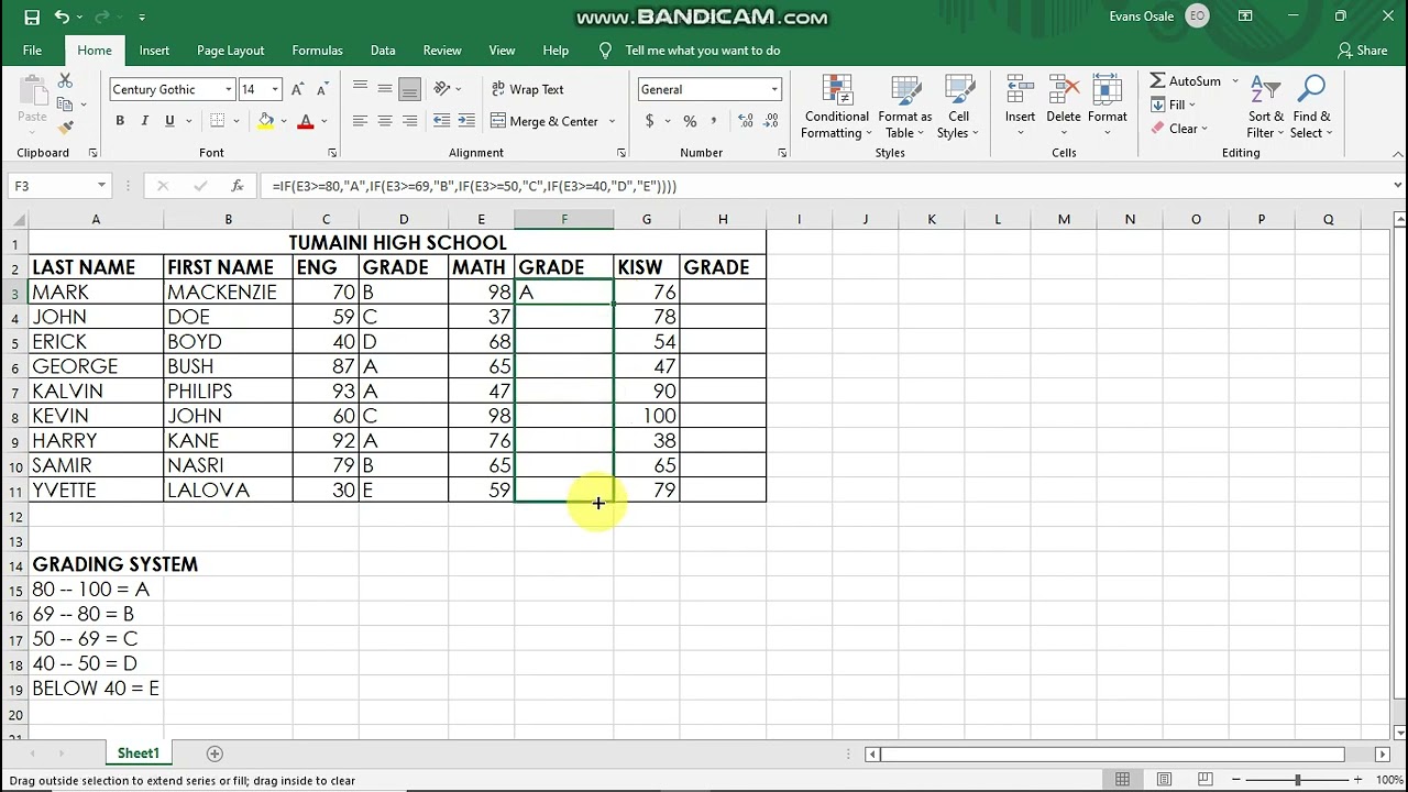 MS Excel Grading using IF function