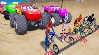 SPIDERMAN McQueen MULTI Ramp Challenge ! SUPERHERO HULK Heroes Car Planes and Boats Car RACE - GTA V