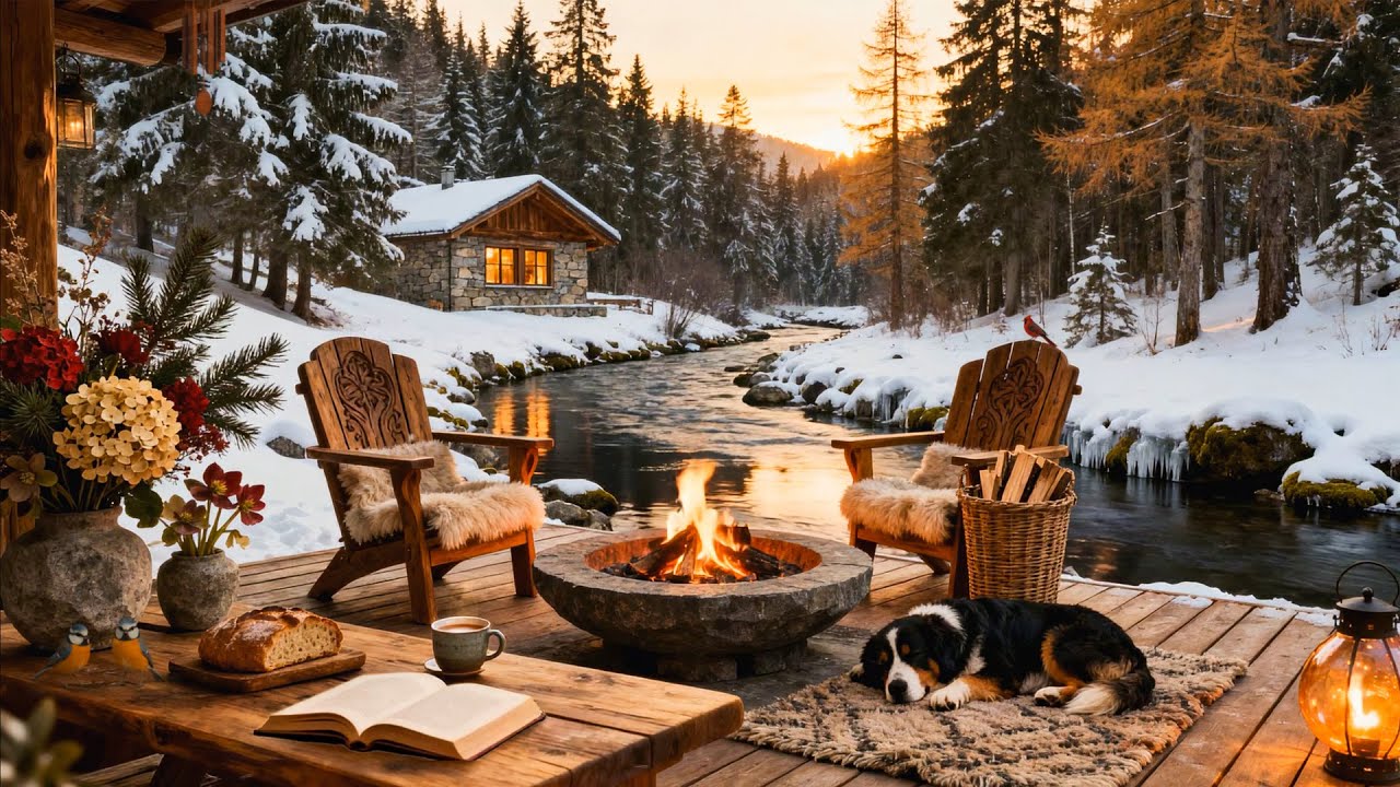 Winter Riverside Cabin Fireplace 🔥❄️ Gentle Fire Sounds and Peaceful Forest Surroundings