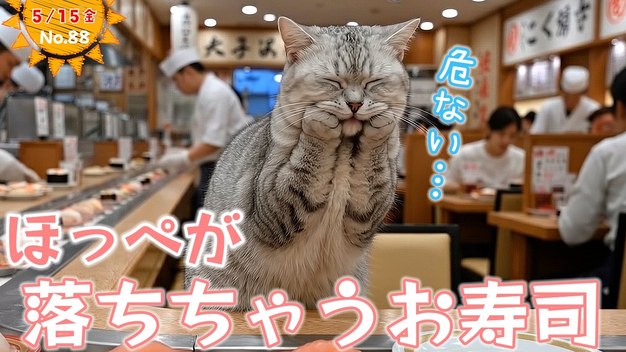 No. 88 Cat devouring sushi at a conveyor belt sushi restaurant
