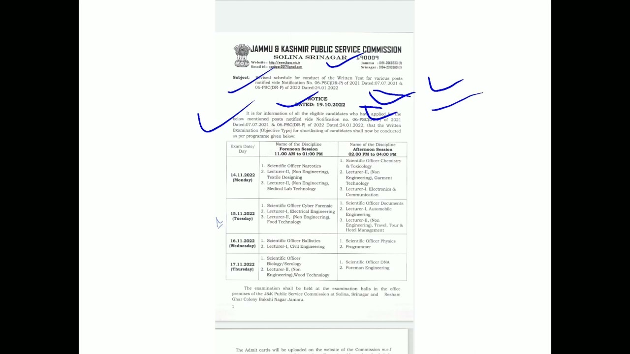 JKPSC Revised schedule For Conduct Of The Written Test For Various Posts Notification No 06 PSC DR P