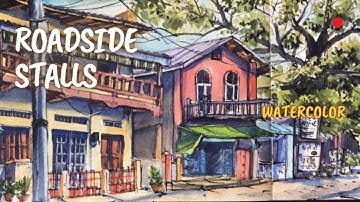 Roadside stalls : Twig, ink sketch and watercolor painting process / Urban sketch / Sketchbook