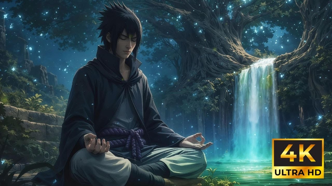 Calm Meditation w/ SASUKE: Waterfall Sounds, Crickets & Gentle Music | NARUTO ASMR