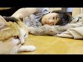 お家の中で中学生の息子が三毛母猫に寝かしつけてもらっていました…笑【ミケちゃんとニーニ】