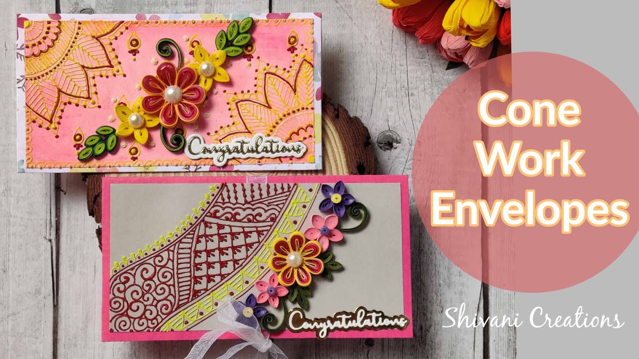 Cone Work on Envelopes with Quilling Decoration/ Cone Work on Paper/ 3D