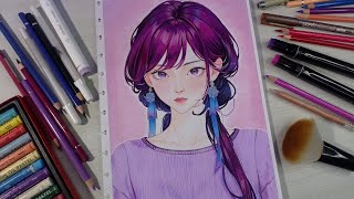 I used cheap markers and colored pencils for this drawing || drawing AI art girl anime