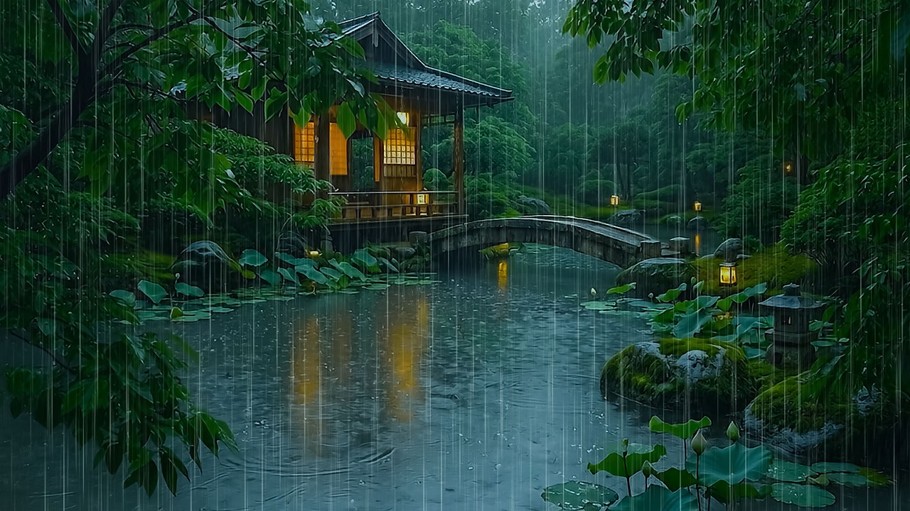 Sleep Soundly with Thunderstorm on Cabin Porch | Heavy Rain Sounds on Garden Pond