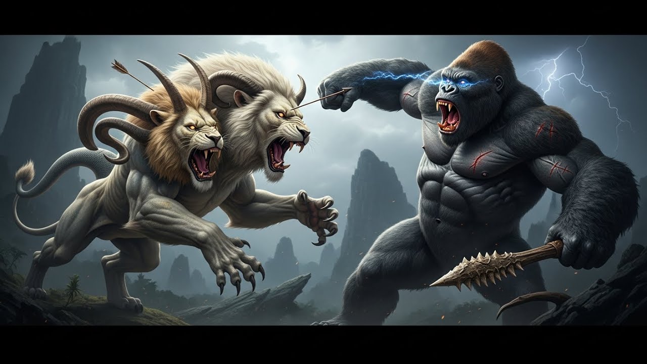 Unleashed Fury: The Primal King Kong Battles The White Lion Chimera🏹!