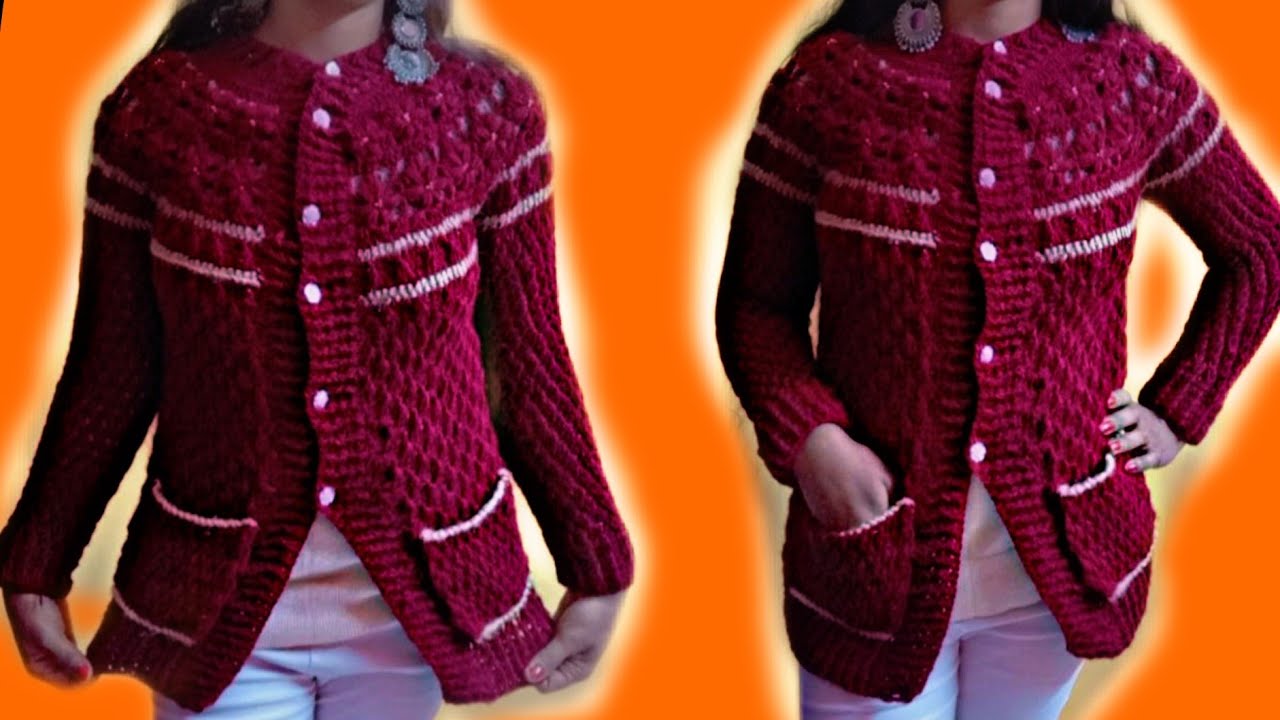 गोल्डन और मेहरून कलर का दुल्हन वाला स्वेटर |crochet woman sweater#18 !allhometips