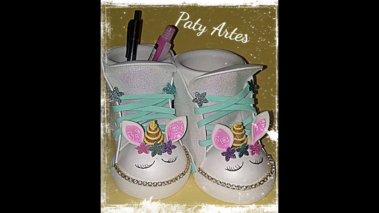 Como fazer ténis em eva porta canetas Unicórnio com material reciclável