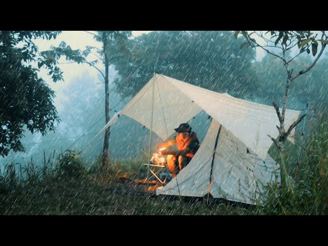 ⛈️ THUNDERSTORM & DOWNPOUR, solo camping in heavy rain, relaxing camping (ASMR) class=