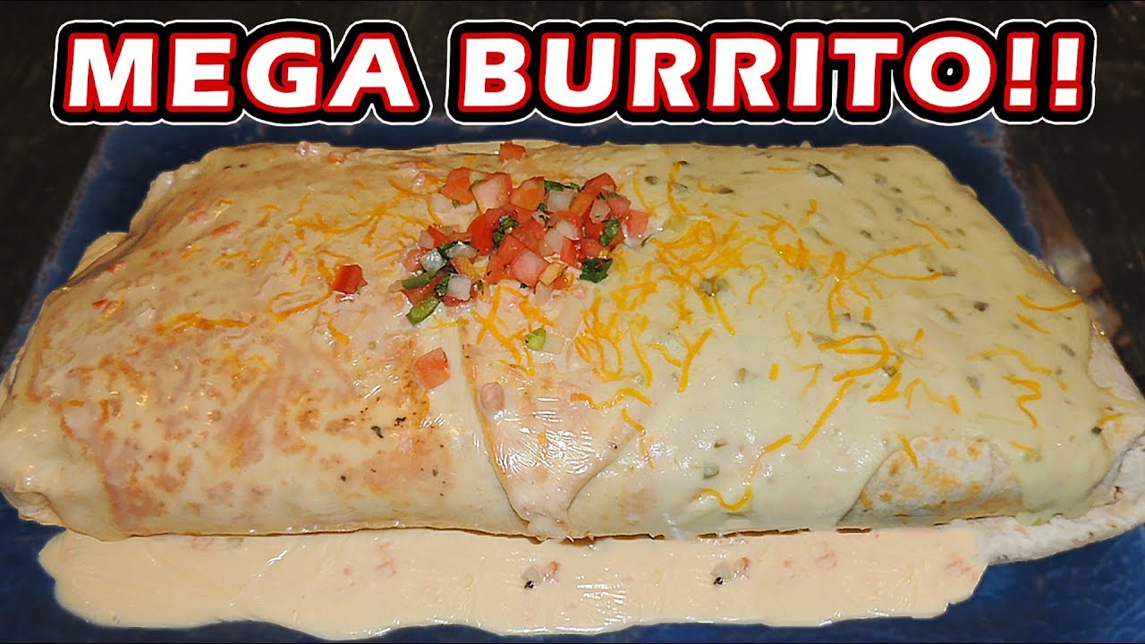 Cheesy Mega Burrito Challenge w/ Chicken, Beef, and Chili Con Queso