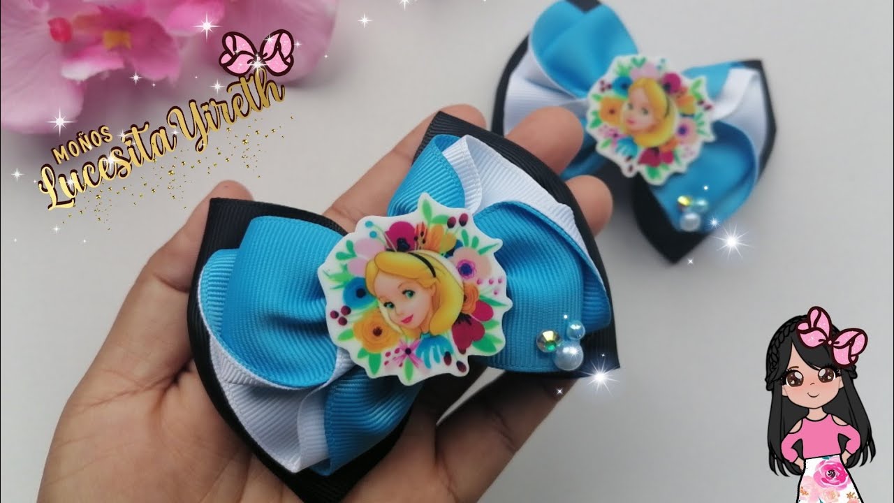 Par de moños victoria con listón de 3.8/moños para niñas temática Alicia 🎀