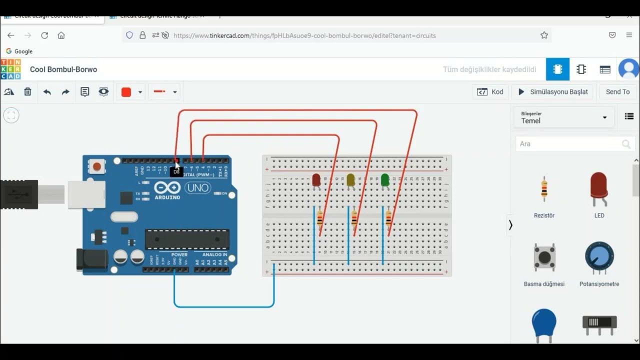 3.Örnek=TİNKERCAD ile ARDUİNO Trafik Lambası Devresi Yapımı - YouTube