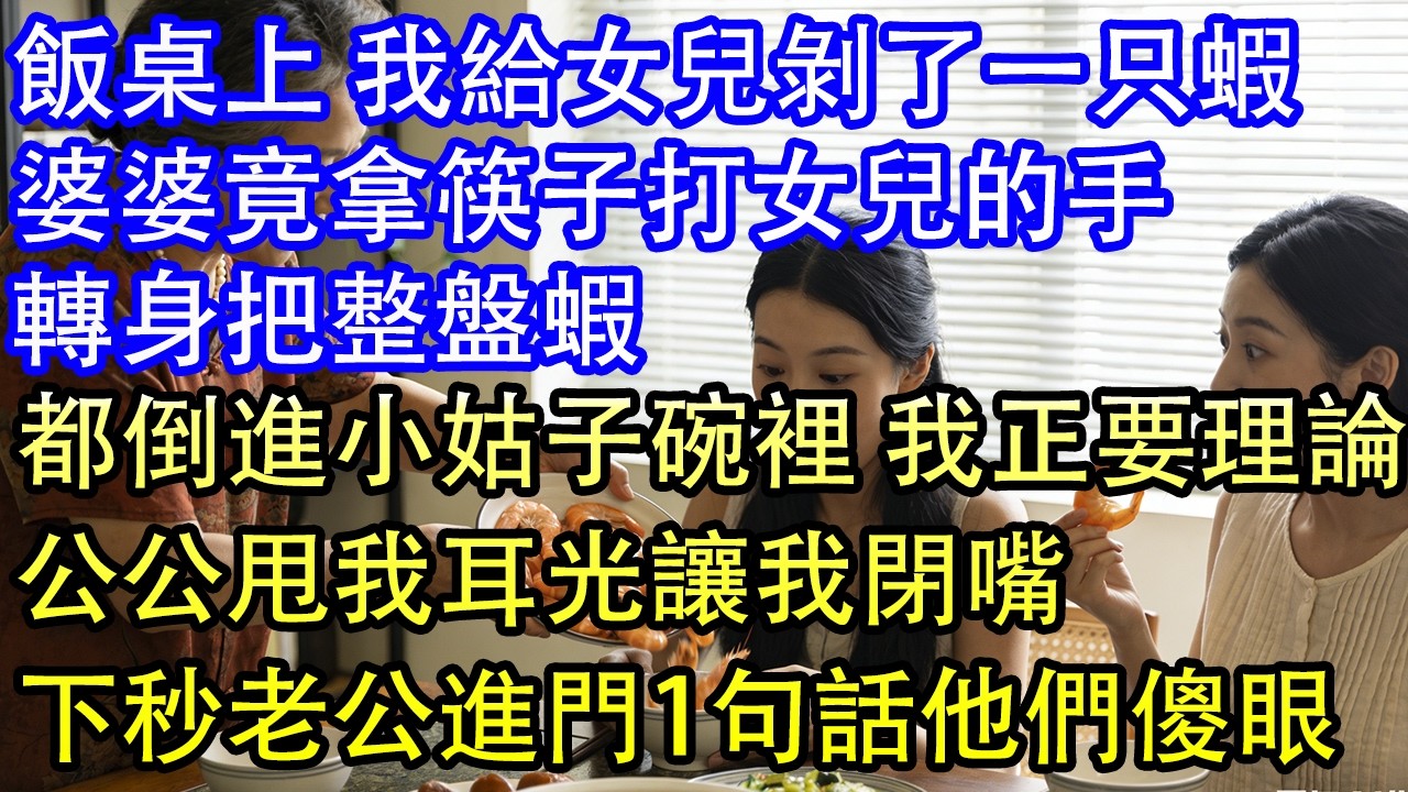 飯桌上 我給女兒剝了一只蝦婆婆竟拿筷子打女兒的手轉身把整盤蝦都倒進小姑子碗裡 我正要理論公公甩我耳光讓我閉嘴下秒老公進門1句話他們傻眼