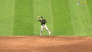 OAK@CLE: Lowrie ranges and makes a fine jump-throw