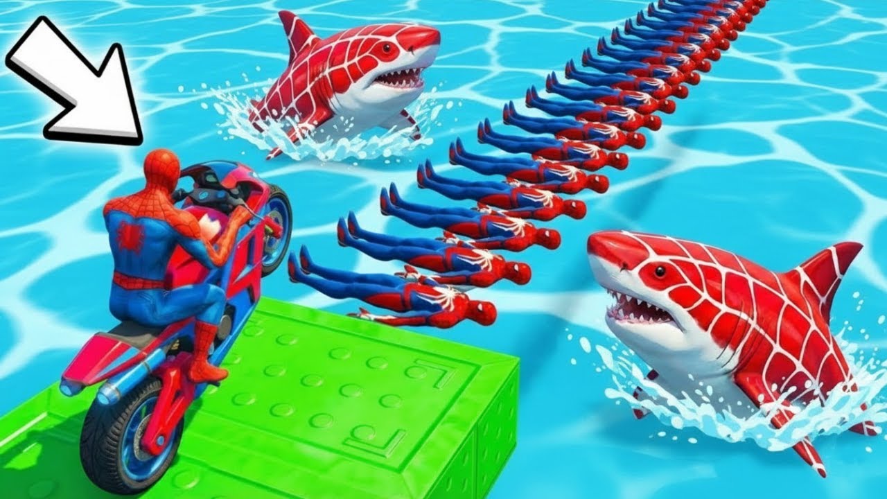 سبايدر مان اصعب دراجة نارية فوق اسماك القرش - Superheroes Ride on Motorcycle Stunt Funny Moments??