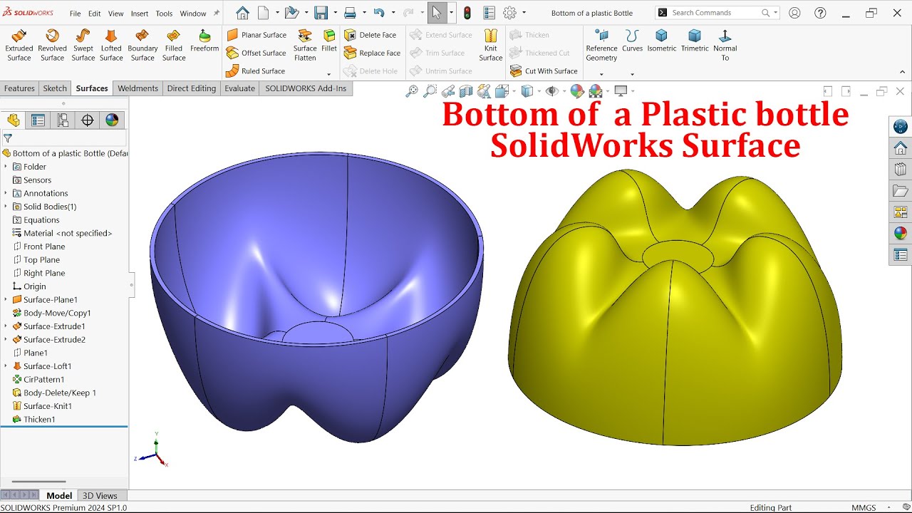 SolidWorks Surface Bottom of a Plastic Bottle - YouTube