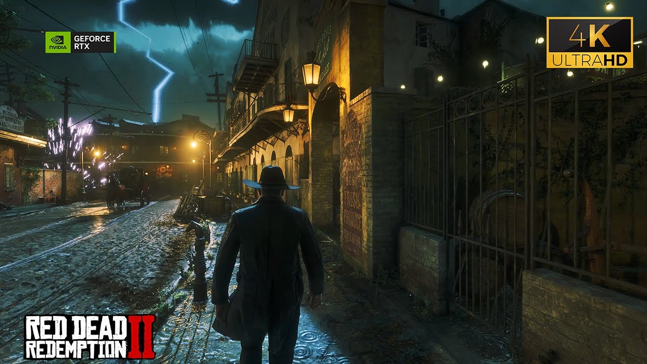 [4K] 🌧️ Night Walk in the Rain & Thunderstorm - Relaxing Walking Saint Denis Red Dead Redemption 2