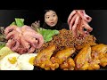 Eating whole octopus  glazed fried chicken wings with spicy blackbean noodles nepali mukbang