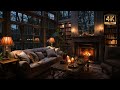 Cozy living room with thunderstorm  crackling fireplace ambience  4k 