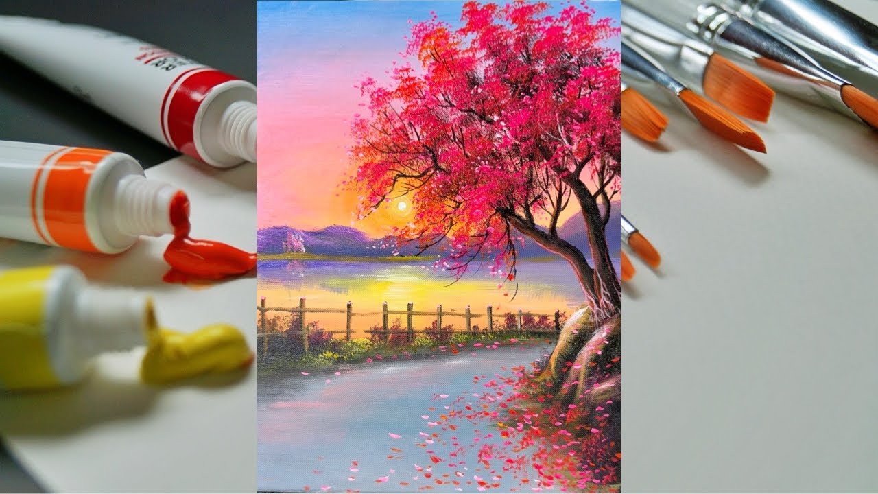 Sunset Reflection River Landscape with Cherry Blossom Tree | Acrylic Painting Tutorial #001 - 2026 
