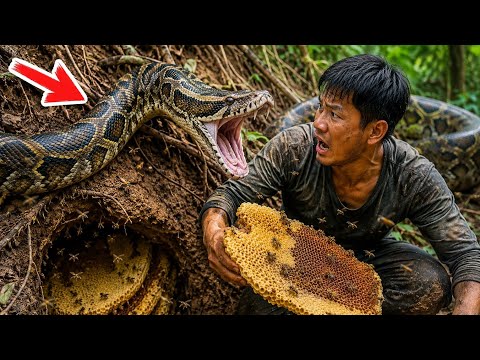 GIANT PYTHON ATTACK! 🐍😱 | Discovering a Hidden Underground Beehive | Extreme Jungle Survival