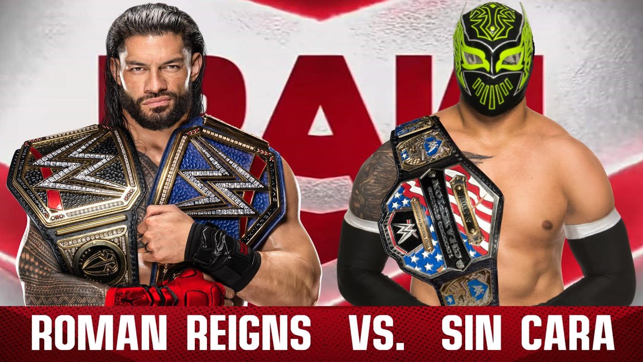 Roman Reigns and Sin Cara in action, locked in a fierce battle