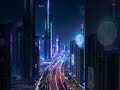 futuristic city at night, neon lights, drone shot”