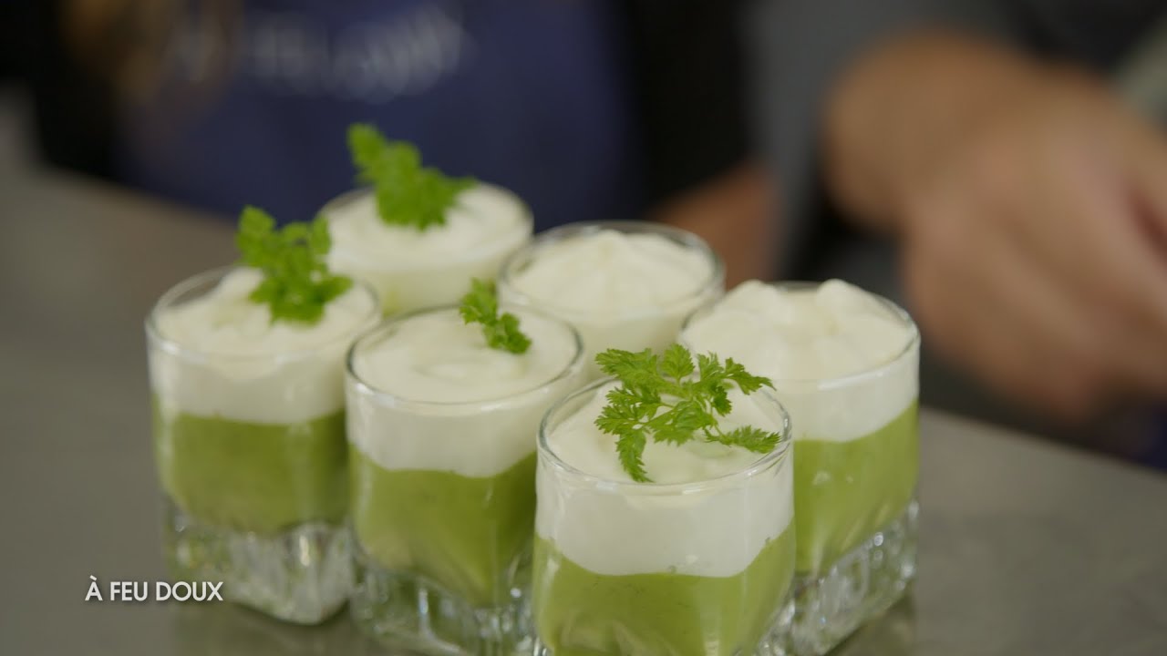 Crème de petits pois et menthe, mousse chèvre