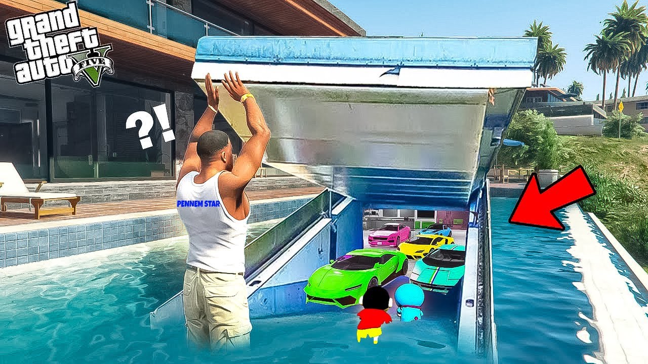 GTA 5 : Franklin & Shinchan Opening THE SECRET GARAGE under his pool in GTA 5 in Telugu