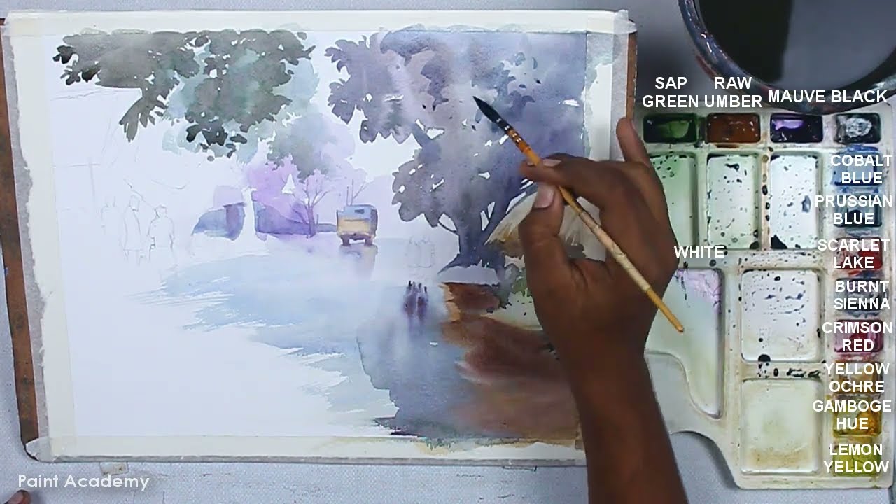 Watercolor Rainy Day in the Village Painting step by step techniques