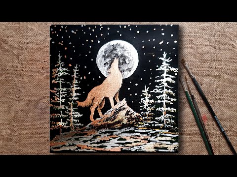 Adding Gold Leaf On Canvas. Howling Wolf Painting. Easy Painting Technique on Canvas.