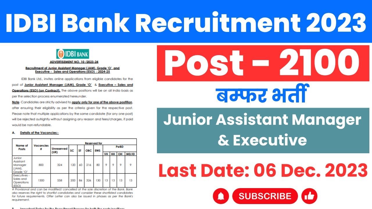 IDBI Bank Recruitment 2023| Apply Now, Post Details, Salary, Age Limit, Syllabus| Jobs 4U| NW