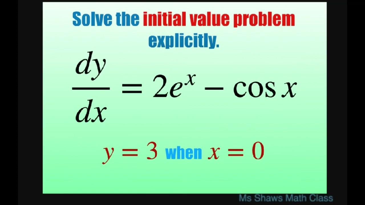 Solve the initial value problem explicitly for dy/dx = 2e^x - cos x and ...