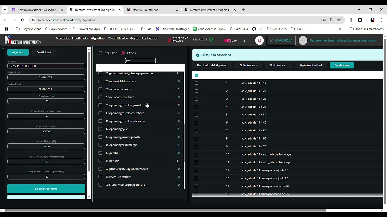 Nectum Investment®  IA algoritmo   - Selector de condiciones automática