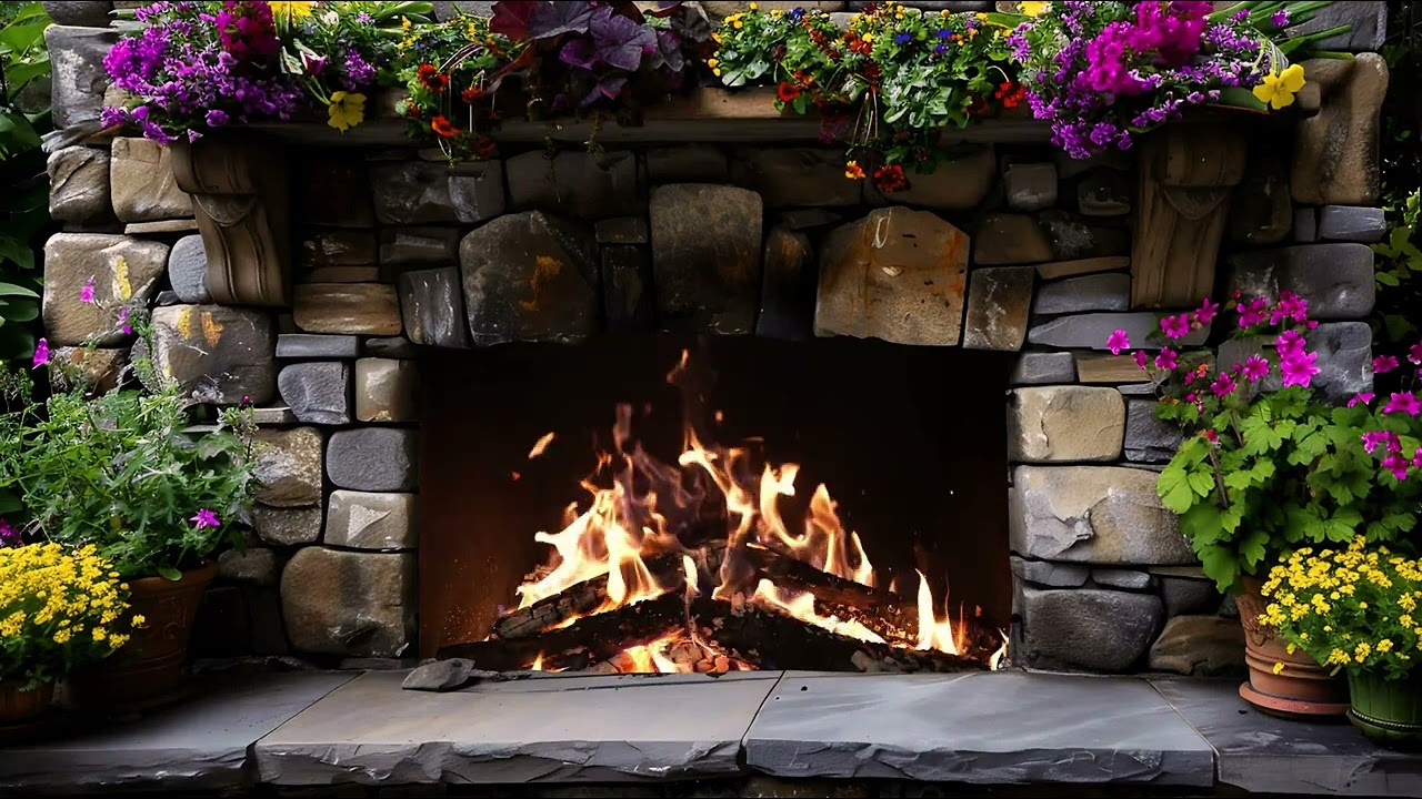 4K Spring Rustic Burning Fireplace: Crackling Sounds & Tranquil Floral Ambiance for Relaxation