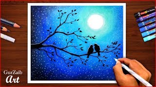 pics Moon Light Scenery Drawing With Oil Pastels how to draw scenery moonlight bird with