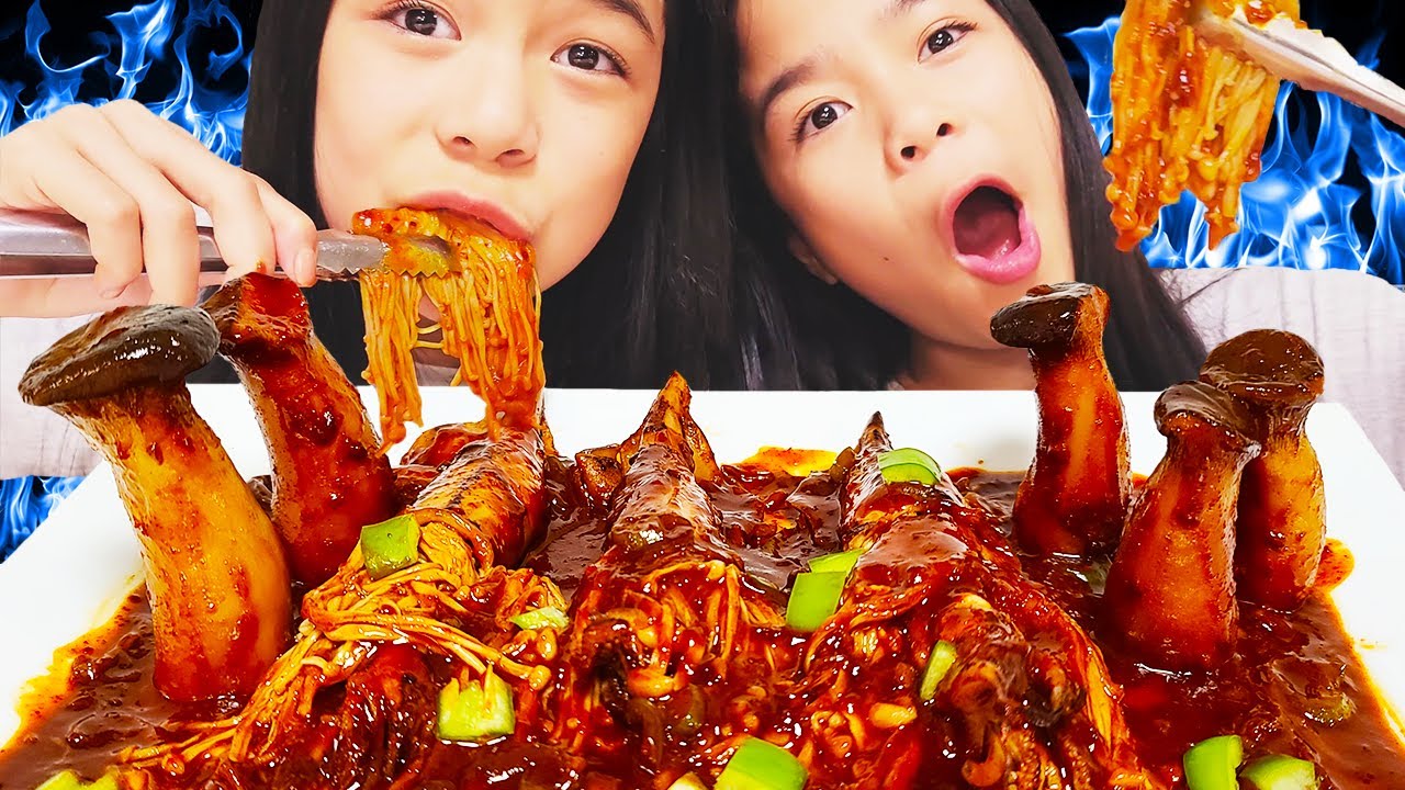 ASMR SPICY SQUID WITH ENOKI MUSHROOM + KING OYSTER MUSHROOMS - YouTube