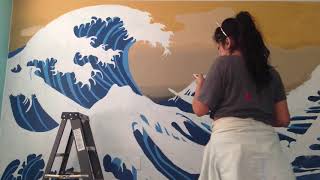 Inspired by hokusai's woodblock print, the great wave off kanagawa
"from brush of becky". 29 november 2017. drawn on wall with graphite
pencil, using egg...