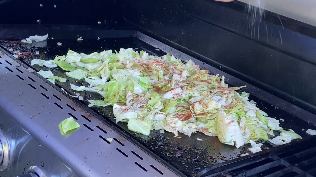 Grilled cabbage, bacon and turkey kielbasa’ on Steelmade flat top grill
