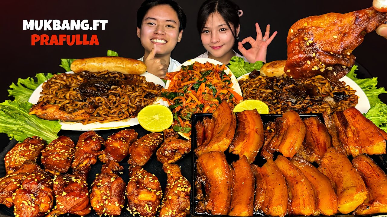 Mukbang Ft. ​⁠@prafullalama07 Eating Jajangmyeon, Pork Chop, Spicy Buldak Wings With Spicy Kimchi