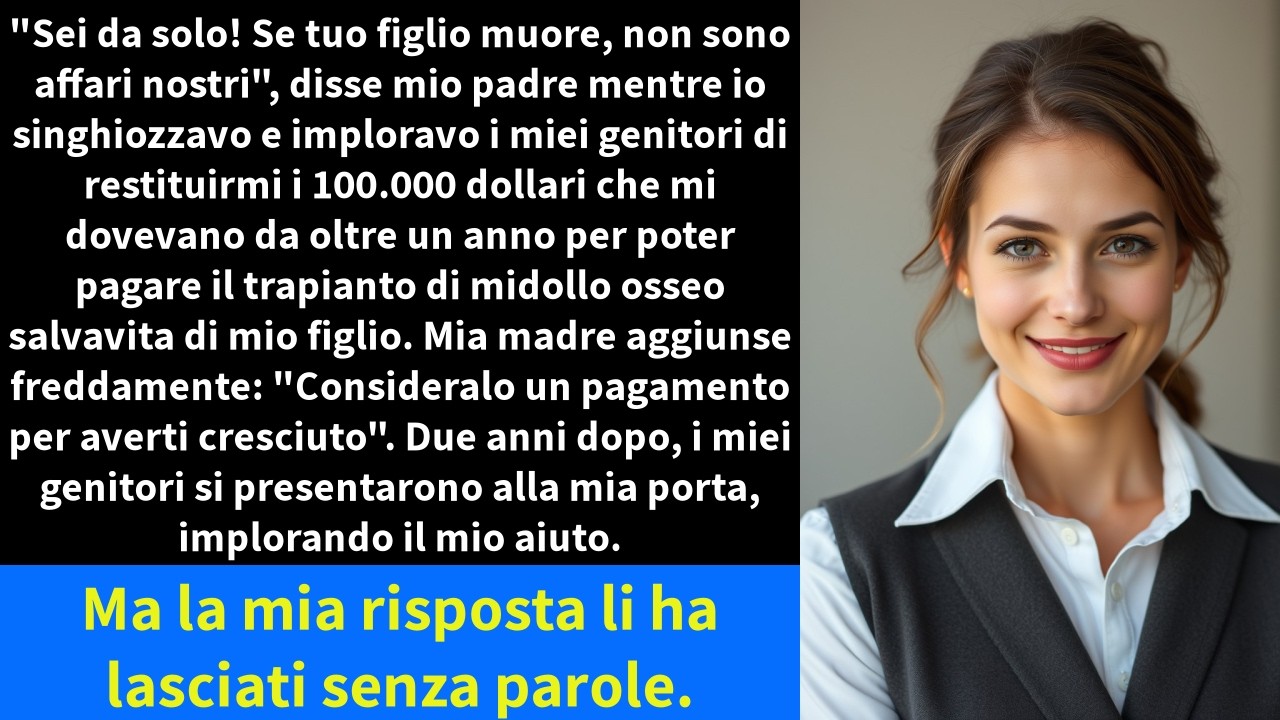 «Considera quei centomila dollari come un pagamento per averti cresciuto», dissi, mentre mio padre e mia madre, coperti di stracci, mi fissavano dal mio divano di pelle senza osare replicare....