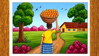Fruit Seller in Village Scenery Drawing | Easy Scenery Drawing Tutorial