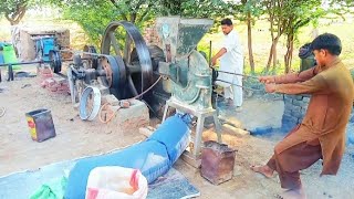talented man amazing diesel engine start up || start up diesel engine work with flour machine
