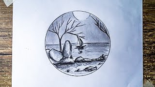 Pencil drawing in circle.How to draw circle scenery.Pencil drawing inside circle.A scenery in circle